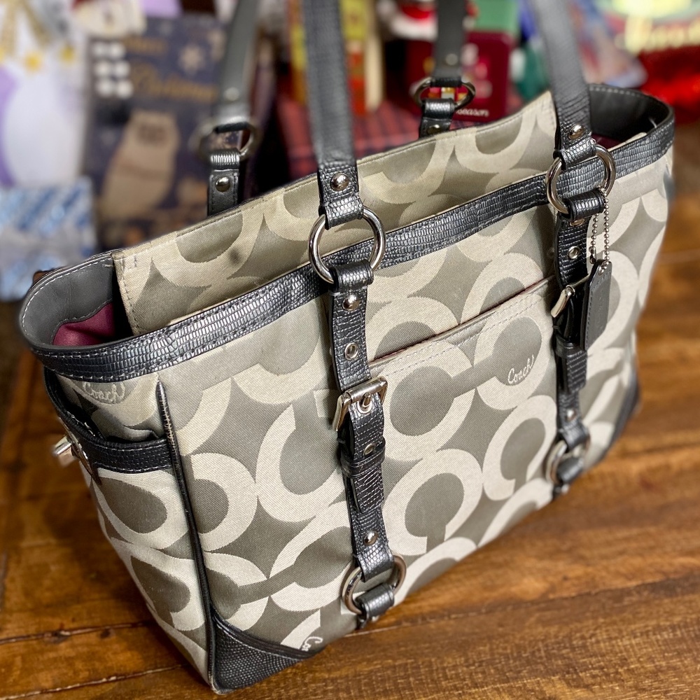 COACH Op Art Leather/Satin Shoulder Bag